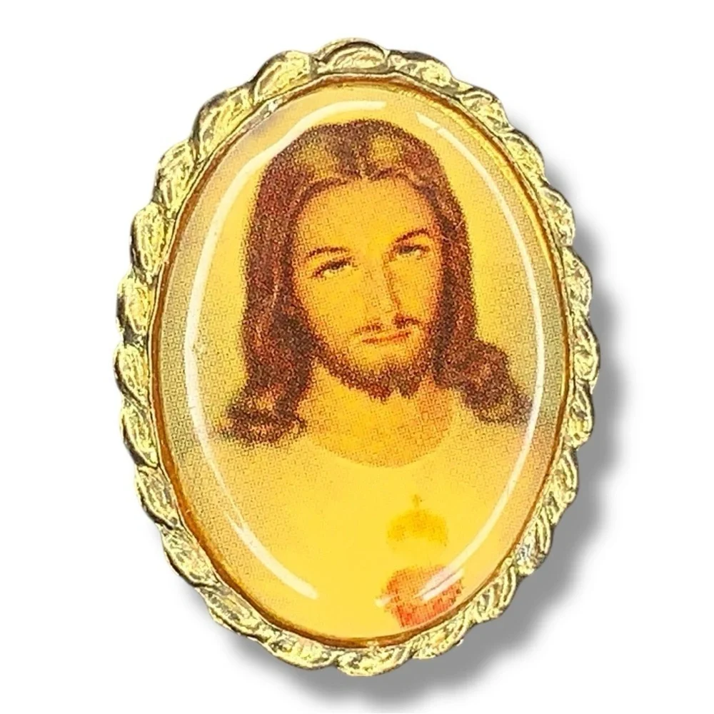 Vintage Sacred Heart of Jesus Christ Pin Lapel Religious Relic Rope Medal Frame